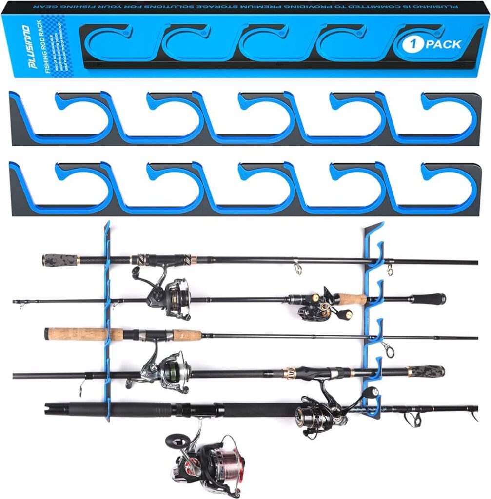 PLUSINNO Vertical Fishing Rod Holder for Garage, Wall Mounted Rack, Fishing Pole Holder Holds Up to 9 Rods or Combos, Fits Most Rods of Diameter 3-19mm