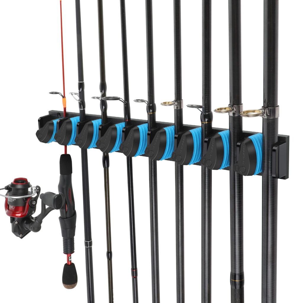 PLUSINNO Vertical Fishing Rod Holder for Garage, Wall Mounted Rack, Fishing Pole Holder Holds Up to 9 Rods or Combos, Fits Most Rods of Diameter 3-19mm