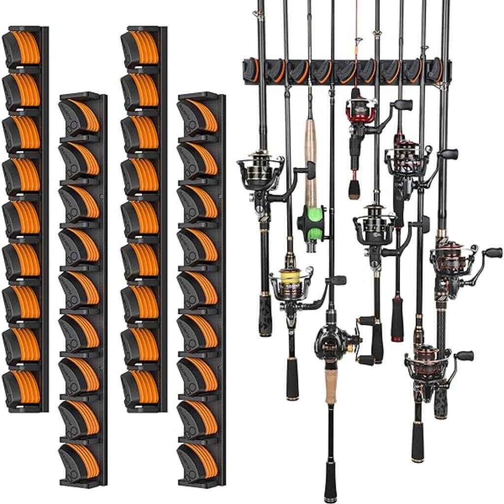 PLUSINNO Vertical Fishing Rod Holder for Garage, Wall Mounted Rack, Fishing Pole Holder Holds Up to 9 Rods or Combos, Fits Most Rods of Diameter 3-19mm